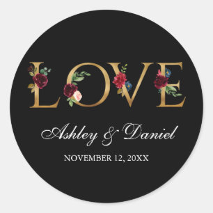 Watercolor Burgundy Floral Black Gold Love Wedding Classic Round Sticker