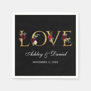 Watercolor Burgundy Floral Black Gold Love Wedding Napkins