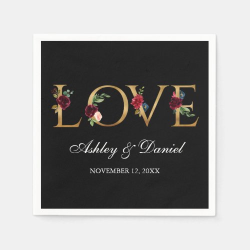 Watercolor Burgundy Floral Black Gold Love Wedding Napkins