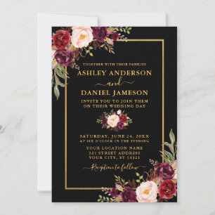 Watercolor Burgundy Floral Black Gold Wedding Invitation
