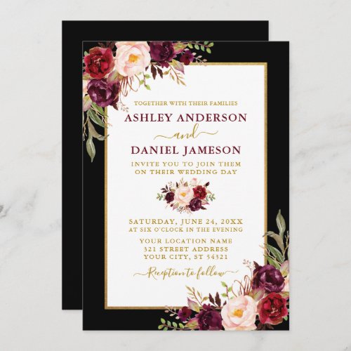Watercolor Burgundy Floral Black Gold Wedding Invitation
