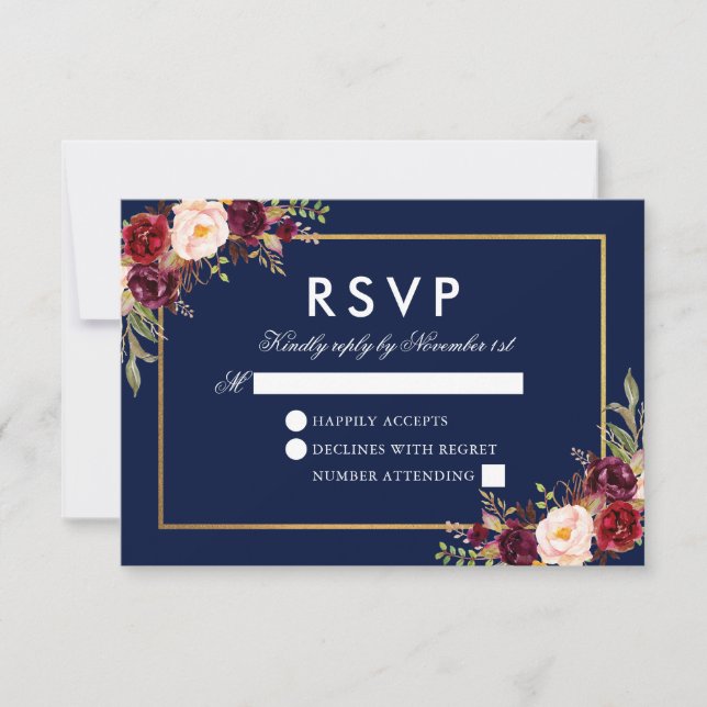 Watercolor Burgundy Floral Blue Gold RSVP (Front)