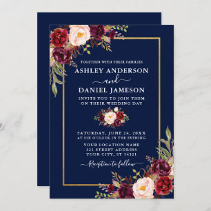 Watercolor Burgundy Floral Blue Gold Wedding Invitation