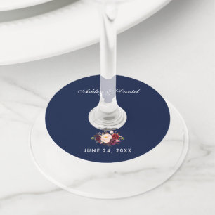 Watercolor Burgundy Floral Blue Wedding Wine Glass Tag