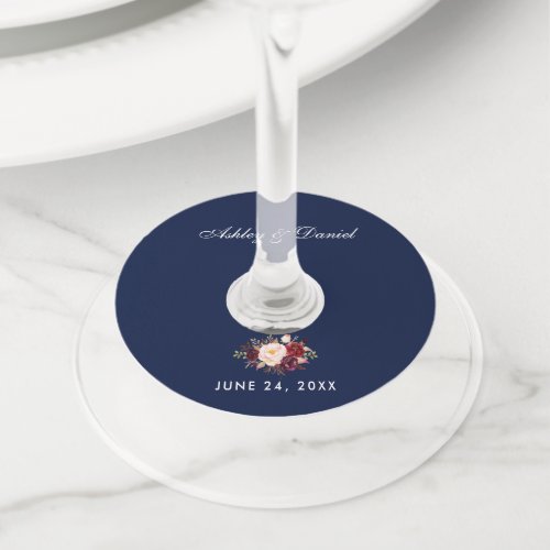 Watercolor Burgundy Floral Blue Wedding Wine Glass Tag