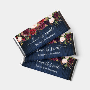 Watercolor Burgundy Floral Blue Wood Love is Sweet Hershey Bar Favors