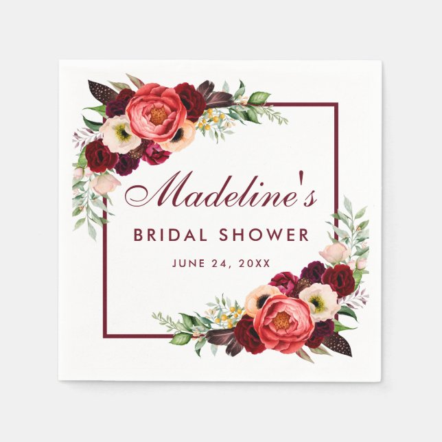 Watercolor Burgundy Floral Boho Bridal Shower Napkins (Front)