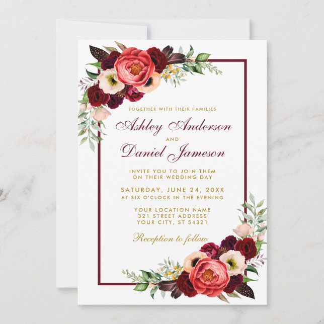 Watercolor Burgundy Floral Boho Wedding Gold BW Invitation (Front)