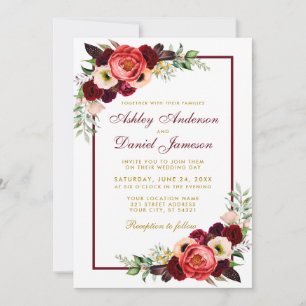 Watercolor Burgundy Floral Boho Wedding Gold BW Invitation