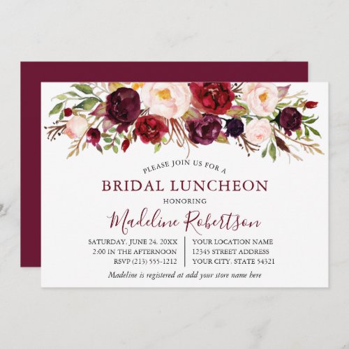 Watercolor Burgundy Floral Bridal Luncheon Invitation
