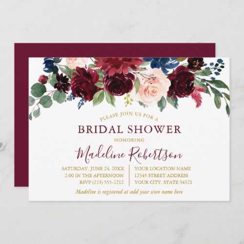 Watercolor Burgundy Floral Bridal Shower Gold Invitation