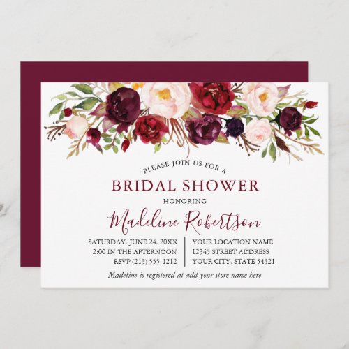 Watercolor Burgundy Floral Bridal Shower Invitation