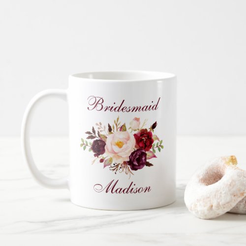 Watercolor Burgundy Floral Bridesmaid Name Coffee Mug