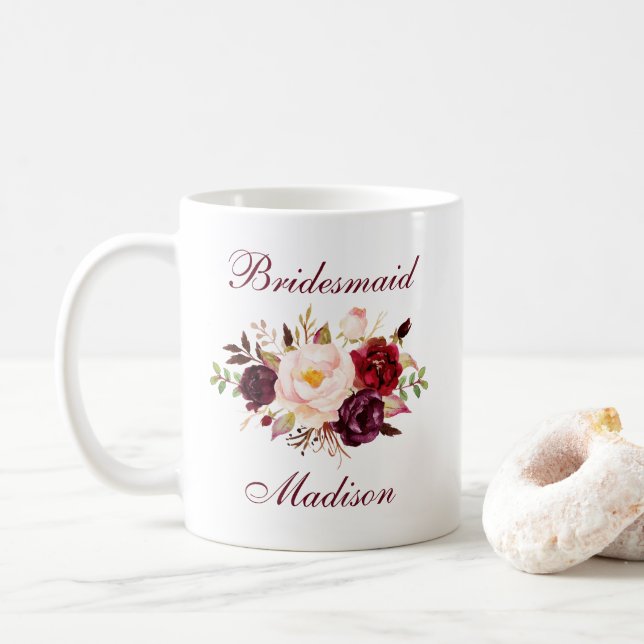 Watercolor Burgundy Floral Bridesmaid Name Coffee Mug (With Donut)