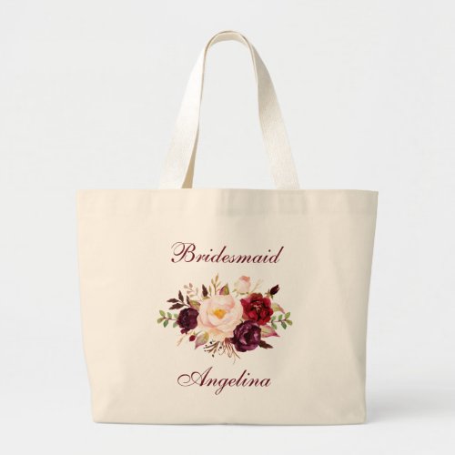 Watercolor Burgundy Floral Bridesmaid Name Large Tote Bag