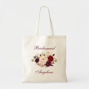 Watercolor Burgundy Floral Bridesmaid Name Tote Bag