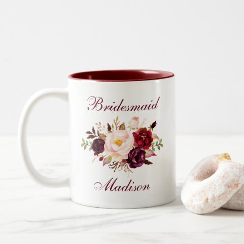 Watercolor Burgundy Floral Bridesmaid Name Two_Tone Coffee Mug