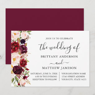 Watercolor Burgundy Floral Calligraphy Wedding Invitation