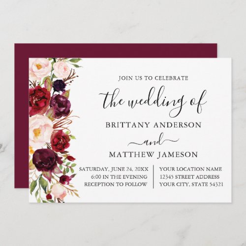 Watercolor Burgundy Floral Calligraphy Wedding Invitation