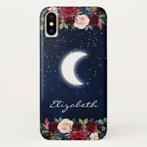 Watercolor Burgundy Floral Celestial Moon iPhone X Case