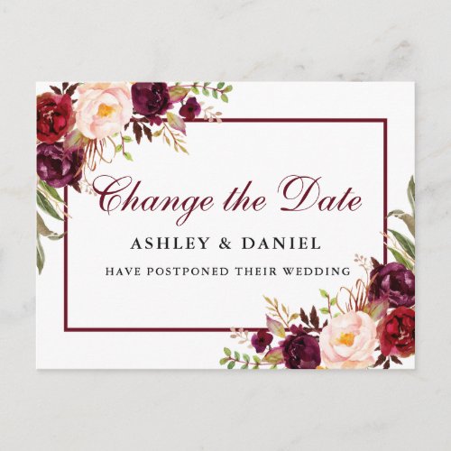 Watercolor Burgundy Floral Change The Date Postcard