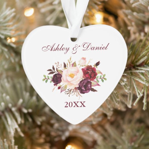 Watercolor Burgundy Floral Couple Names Heart Ornament