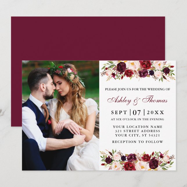 Watercolor Burgundy Floral Couple Photo Wedding Invitation (Front/Back)
