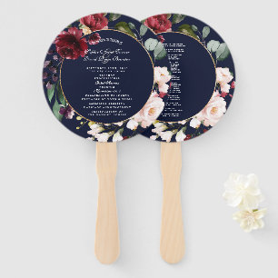 Watercolor Burgundy Floral Dark Blue Program Hand Fan