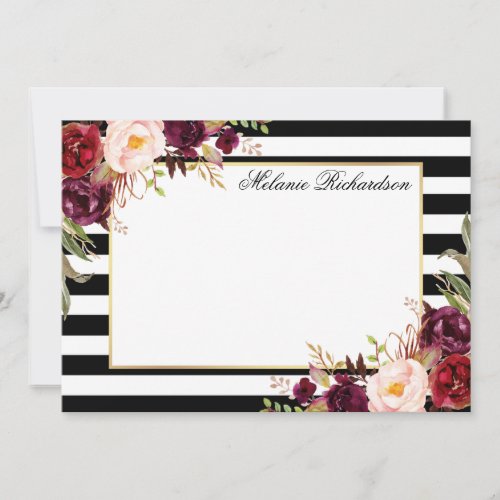 Watercolor Burgundy Floral Elegant Striped Note Card
