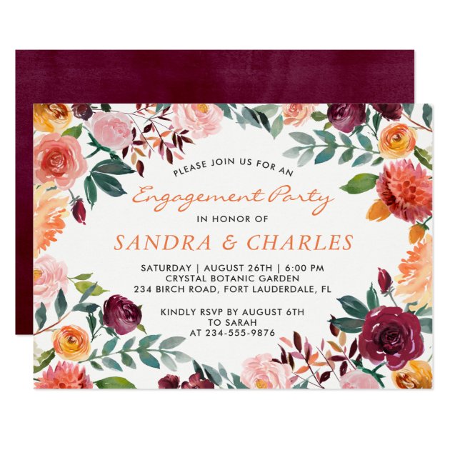 Watercolor Burgundy Floral Engagement Party Invitation