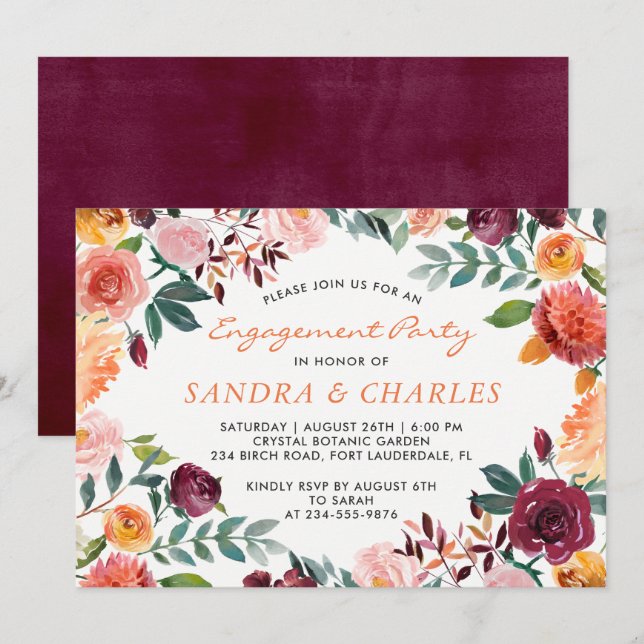 Watercolor Burgundy Floral Engagement Party Card (Front/Back)