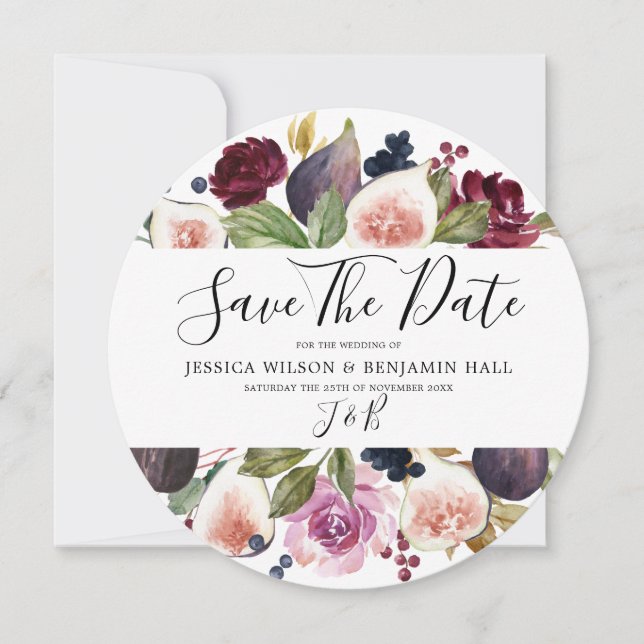 Watercolor Burgundy Floral Fig Wedding Save The Date (Front)