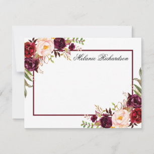 Watercolor Burgundy Floral Frame Personalized Note Card