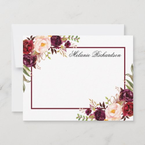 Watercolor Burgundy Floral Frame Personalized Note Card