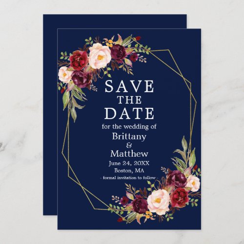 Watercolor Burgundy Floral Geo Frame Blue Save The Date