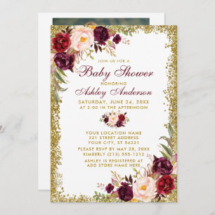 Watercolor Burgundy Floral Glitter Shower Photo Invitation