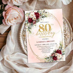 Watercolor Burgundy Floral Gold 80th Birthday  Invitation