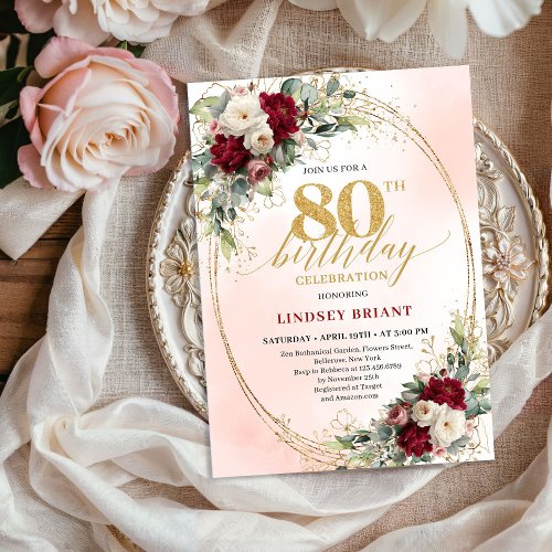 Watercolor Burgundy Floral Gold 80th Birthday 