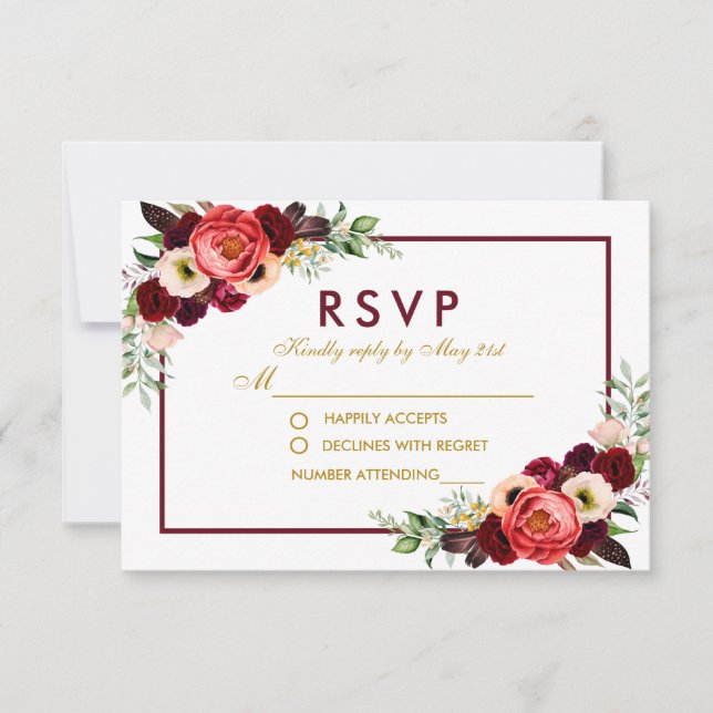 Watercolor Burgundy Floral Gold Boho Wedding RSVP (Front)