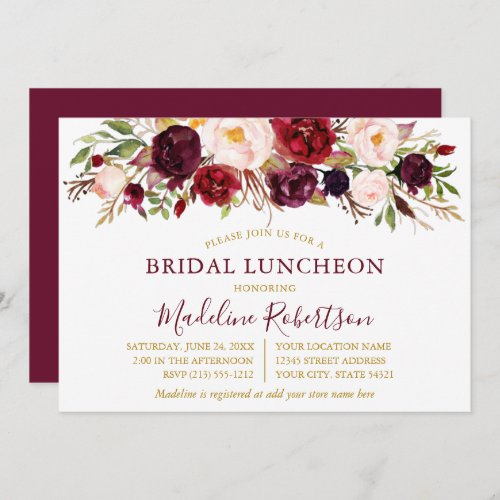 Watercolor Burgundy Floral Gold Bridal Luncheon Invitation