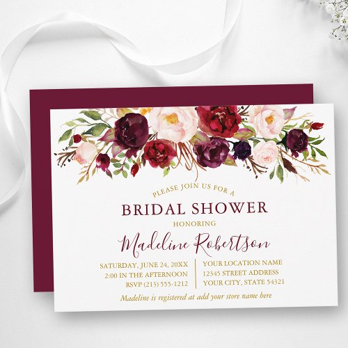 Watercolor Burgundy Floral Gold Bridal Shower Invitation