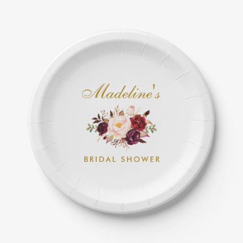 Watercolor Burgundy Floral Gold Bridal Shower Paper Plates