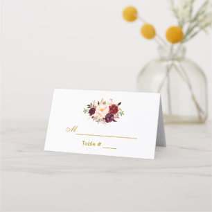 Watercolor Burgundy Floral Gold Bridal Shower Place Card