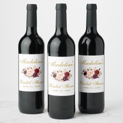 Watercolor Burgundy Floral Gold Bridal Shower Wine Label