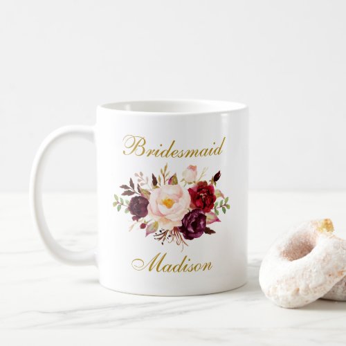 Watercolor Burgundy Floral Gold Bridesmaid Name Coffee Mug