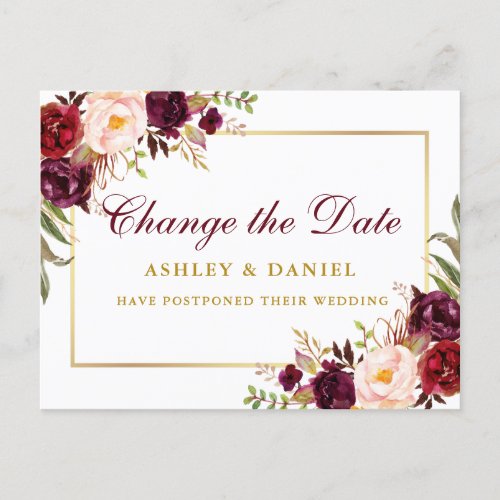 Watercolor Burgundy Floral Gold Change The Date Postcard