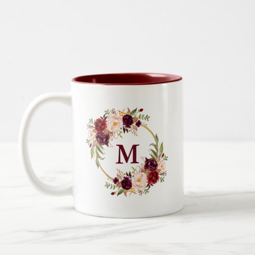 Watercolor Burgundy Floral Gold Circle Monogram Two_Tone Coffee Mug