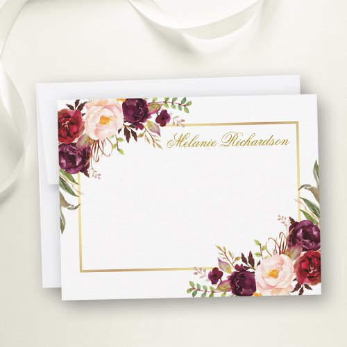 Watercolor Burgundy Floral Gold Frame Personalized Note Card