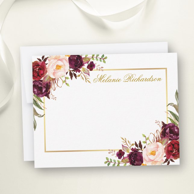 Watercolor Burgundy Floral Gold Frame Personalized Note Card (Customize to change text size, color, style or to add more text to front or back of card.)