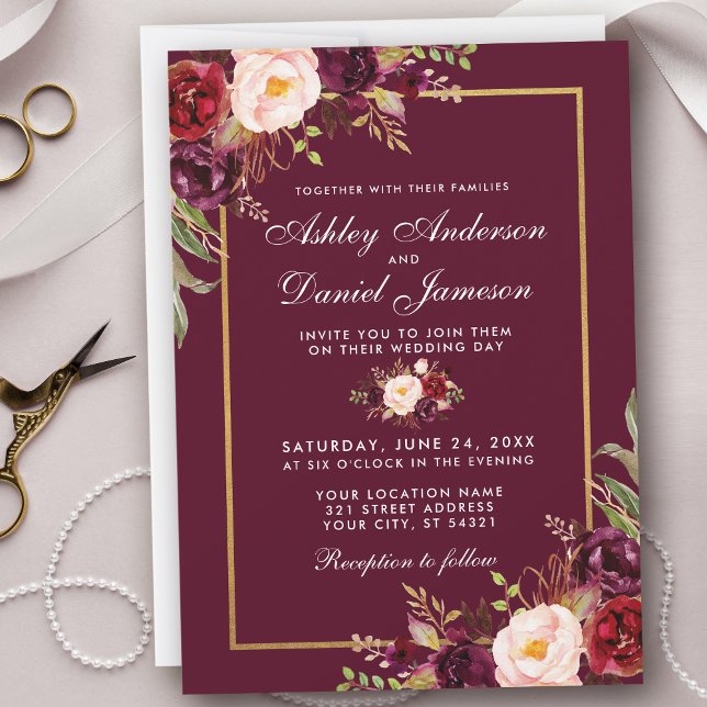 Watercolor Burgundy Floral Gold Frame Wedding Invitation (Customize to change text size, text style or color.)